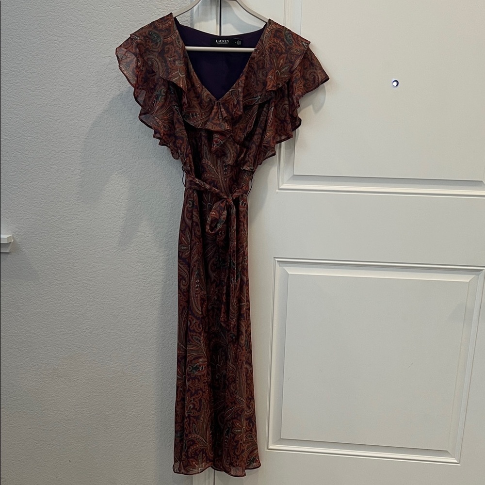 Lauren Ralph Lauren Paisley Ruffle Maxi Dress in Brown and Burgundy